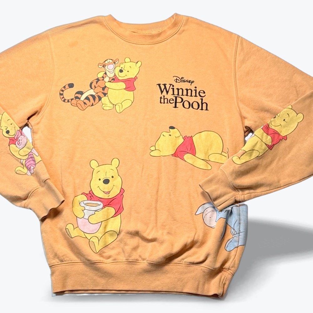 Disney Winnie the Pooh Sweatshirt All Over Print Orange Vintage Style Size SM
